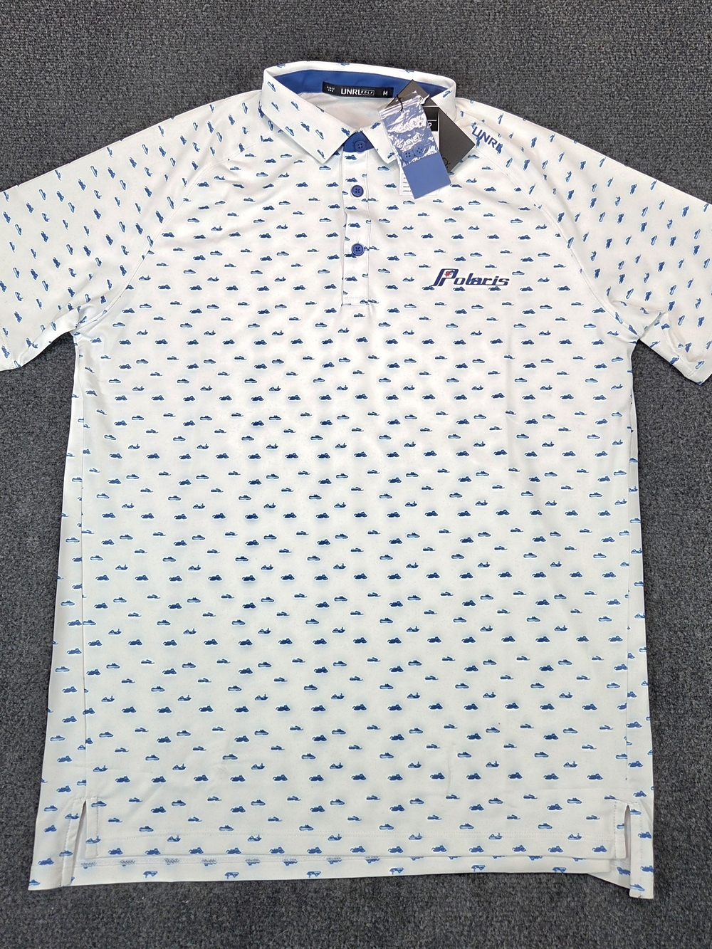 NEW UNRL Golf Polaris Polo Shirt Mens Medium Blue White Snowmobiles - Picture 2 of 7